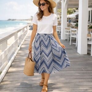 Joe B Chevron Print Pleated A-Line Skirt Blue White Stretch Medium
